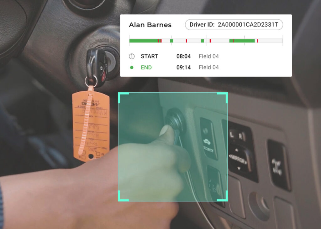 Driver sitting in a company truck, using an ID tag on an electronic reader to access the vehicle, for authorized use of fleet vehicle